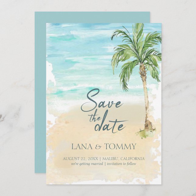 Reserve A Data Casamento Tropical Palm Beach Watercolor (Frente/Verso)