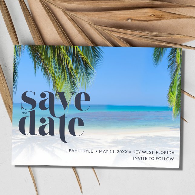Reserve A Data Casamento Tropical Palm Tree (Palm Tree Tropical Photo Beach Wedding Save The Date)