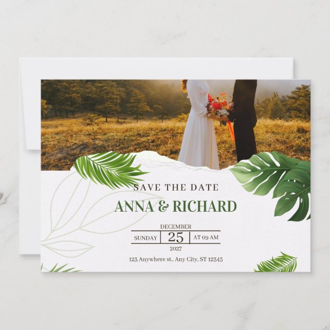 Reserve A Data Casamento Tropical Romântico Salve A Data (Frente)