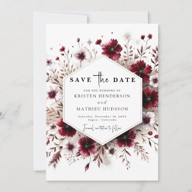 Reserve A Data Casamento Único Boho Burgundy (Frente)