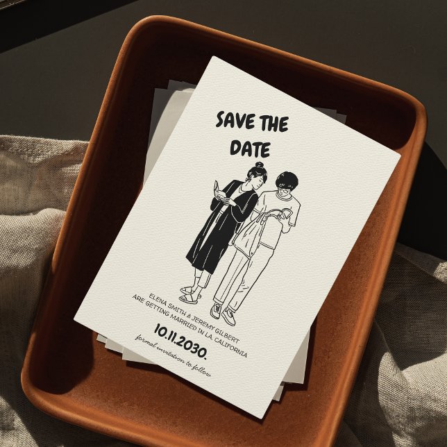 Reserve A Data Casamento Único de Casal Simples e Simples (Hand Drawn Save the Date Unique Quirky Funny Effortless Cool Aesthetic Black and White )