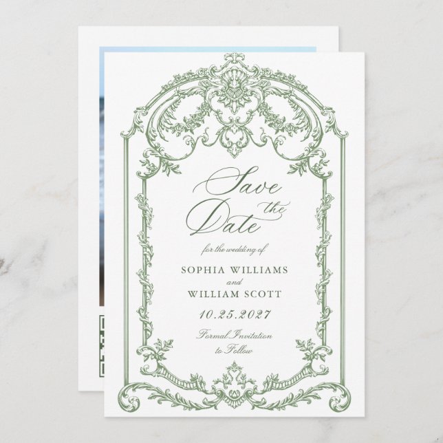 Reserve A Data Casamento Verde da Ornamentado Vitoriana Grace Flo (Frente/Verso)