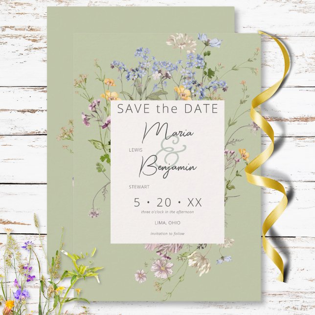 Reserve A Data Casamento Verde de Delicate Boho Wildflower (Delicate Boho Wildflowers Green Wedding Save The Date)