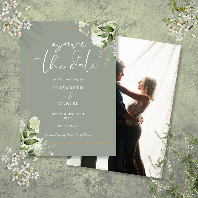 Reserve A Data Casamento Verde de Greenery Dourado Arch Foto Sage (Greenery Gold Arch Photo Sage Green Wedding Save The Date)