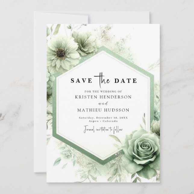 Reserve A Data Casamento Verde de Sage Personalizado Mínimo (Frente)