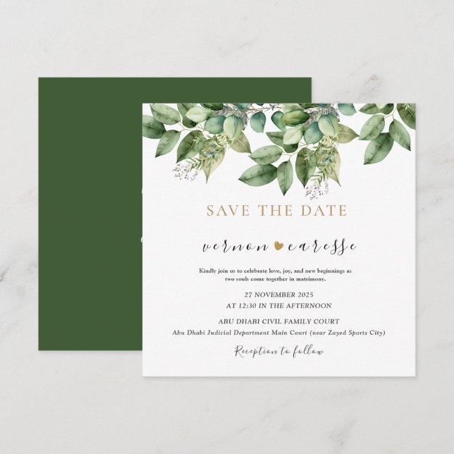 Reserve A Data Casamento Verde e Dourado de Folhagem Botânica Rús (Frente/Verso)