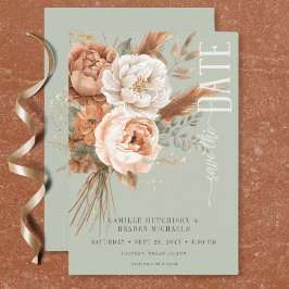 Reserve A Data Casamento Verde Floral em Terracota Pêssego e Crem