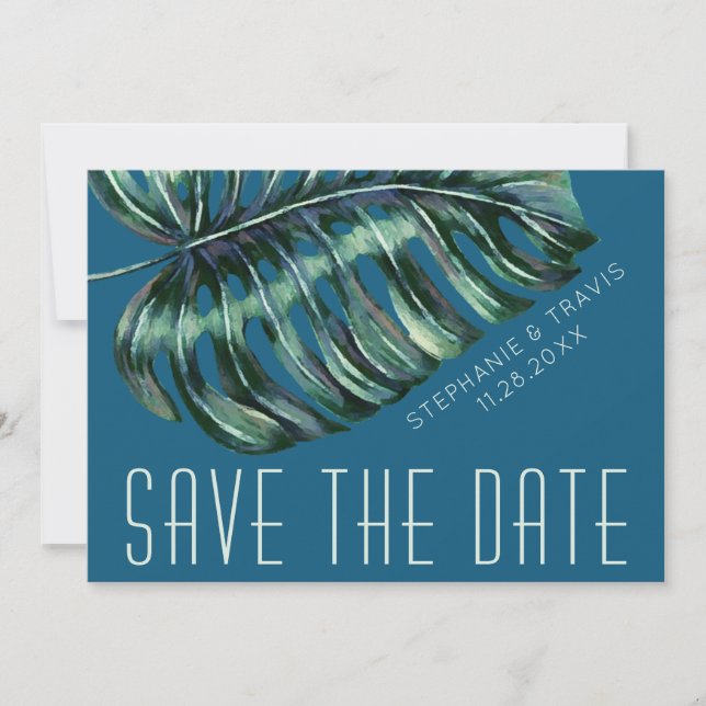 Reserve A Data Casamento Verde Folha de Mod Monstera e Azul Moody (Frente)