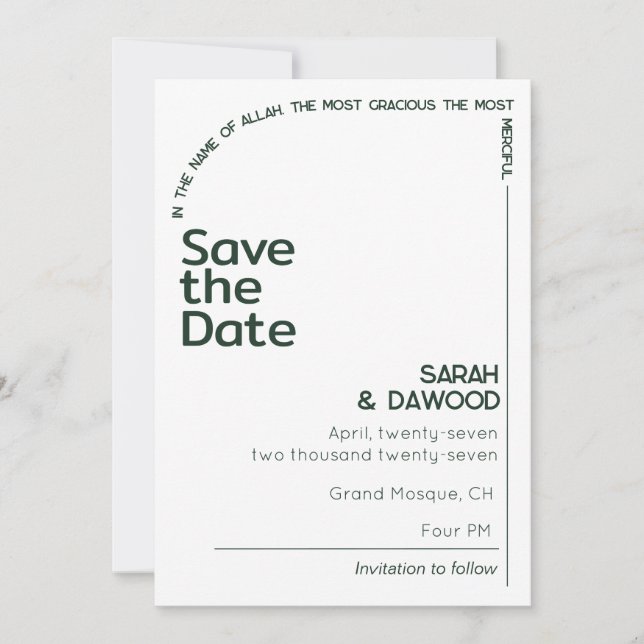 Reserve A Data Casamento Verde Mínimo e Elegante Muçulmano Branco (Frente)