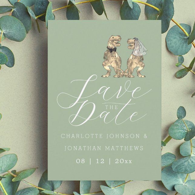 Reserve A Data Casamento Verde Sage com Tema de Dinossauro (Funny modern dinosaur wedding save the date sage green invitation elegant modern script)