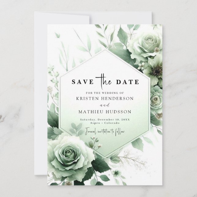Reserve A Data Casamento Verde Sage Sage com Aquarela Simples (Frente)