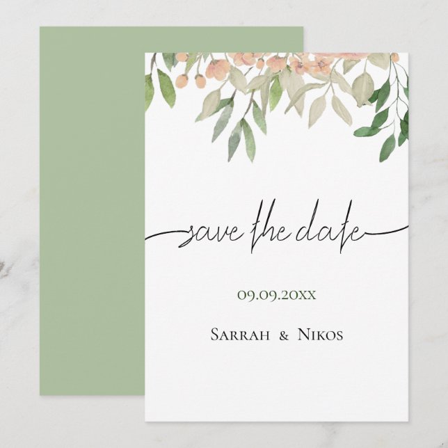 Reserve A Data Casamento Verde Suave da Boêmia Elegante (Frente/Verso)