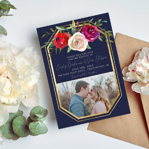 Reserve A Data Casamento Vermelho Brilhante Azul Marinho Floral R