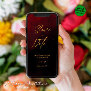 Reserve A Data Casamento Vermelho Negro Dourado Elegante Salve o