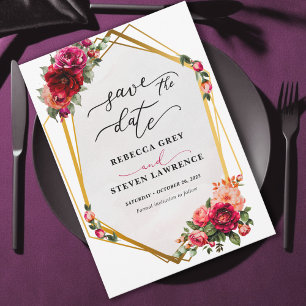 Reserve A Data Casamento vermelho-quic, floral e dourado falso