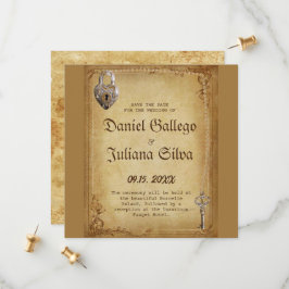 Reserve A Data Casamento Vintage com chave esqueleto gótica
