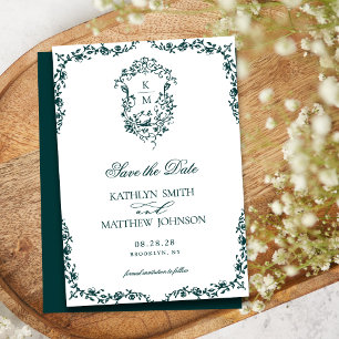 Reserve A Data Casamento Vintage Crest do Monograma Verde Esmeral