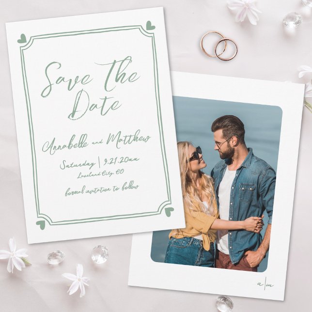 Reserve A Data Casamento Whimsical Verde Com Foto Desenhada À Mão (Hand Drawn Photo Green Whimsical Wedding Save the Date)