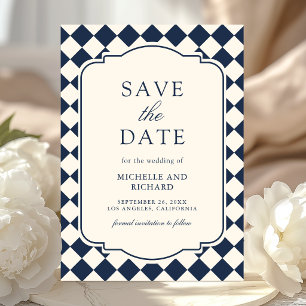 Reserve A Data Casamento Xadrez Azul Naval Marfim Dinheiro Antigo