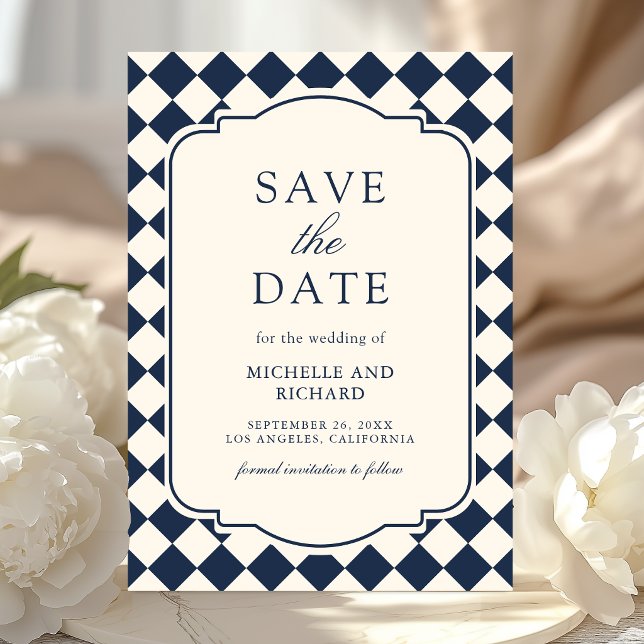 Reserve A Data Casamento Xadrez Azul Naval Marfim Dinheiro Antigo (Criador carregado)