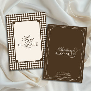 Reserve A Data Casamento Xadrez Marrom Mocha Vintage Dinheiro Ant
