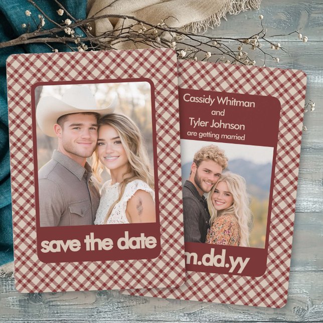 Reserve A Data Castanho Xadrez Rústico Retro Multi Foto Ocidental (Winter save the date with two photos, red-brown plaid and bold typography by Darling & May)