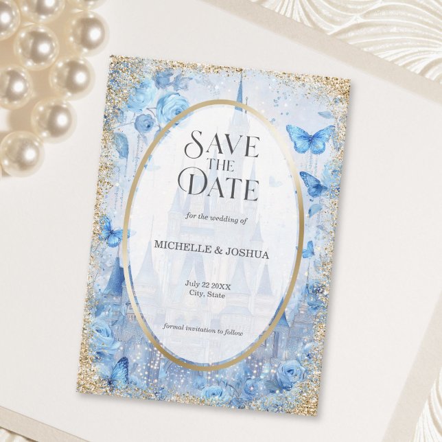 Reserve A Data Castelo de Contos de Fadas Floral Borboletas Encan (Enchanted Wood Fairytale Castle Floral Butterflies Save The Date)