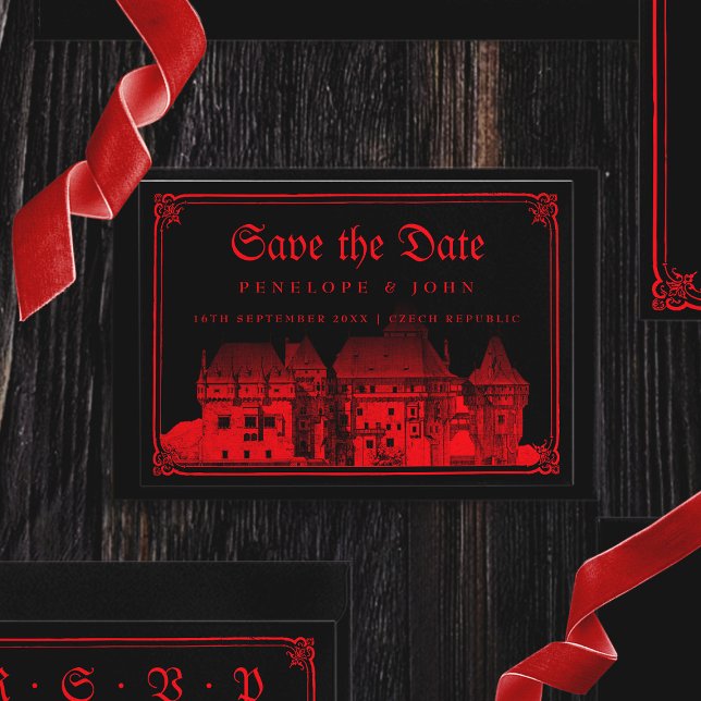 Reserve A Data Castelo de Vampiros Góticos Borda de Casamento Pre (Gothic Vampire Castle Border Black Red Wedding Save The Date)