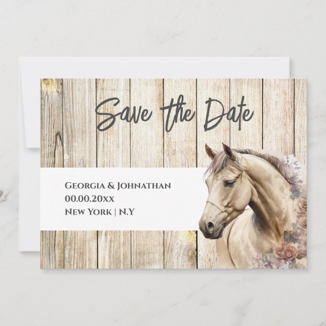 Reserve A Data Cavalo aquarela madeira rústica celeiro campo (Frente)