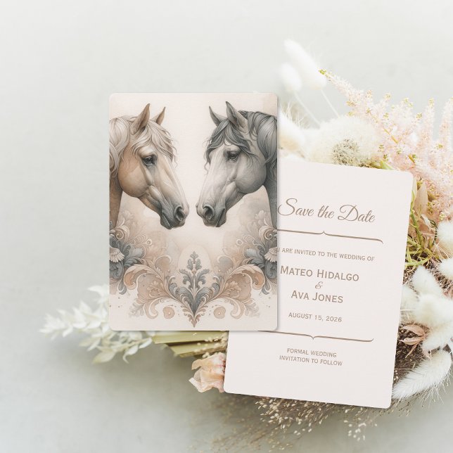 Reserve A Data Cavalos De Casamento Elegantes Salvem A Data (Elegant Horses Wedding Save The Date (front and back))