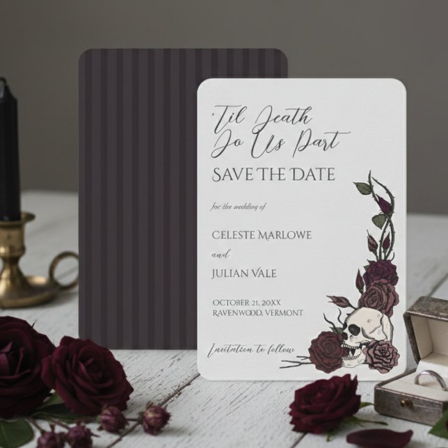 Reserve A Data Caveira Floral Gótica 'Até que a Morte nos Separe  (Dark Floral Gothic Save the Date Cards. Gothic Wedding, Hallowedding, Romantic Event. Skull & Roses)