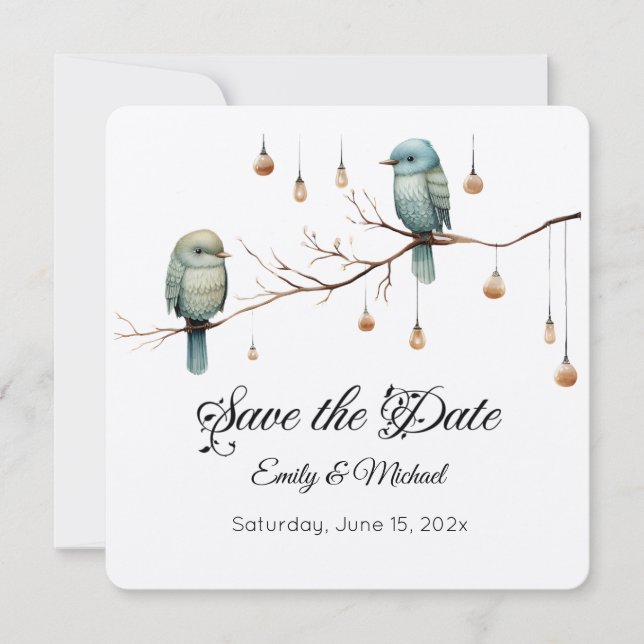 Reserve A Data Celebração Rustic Woodland Love Birds (Frente)