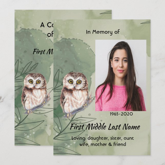 Reserve A Data Celebration of Life Service Cute Owl Bird (Frente/Verso)