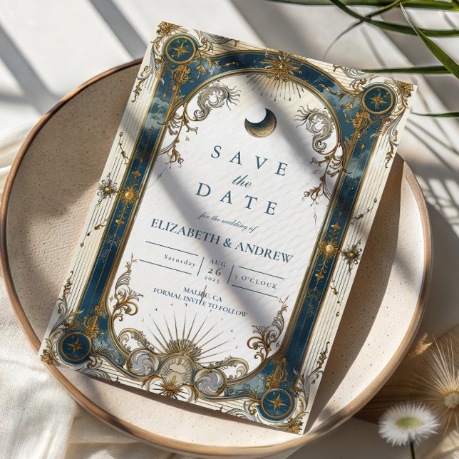 Reserve A Data Celestial Art Nouveau Blue Gold Wedding (Criador carregado)