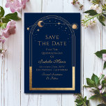 Reserve A Data Celestial Blue Salve A Data Aniversário Quinceaner<br><div class="desc">Azul Celestial Salva a Data Aniversário Quinceanera Invitation apresenta um sol dourado,  lua e estrelas num fundo azul. Dentro é a sua Quinceanera personalizada para guardar as informações de data. Personalize editando o texto nas caixas de texto. Projetado por ©2024 Evco Studio www.zazzle.com/store/evcostudio</div>