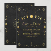 Celestial Gothic Black and Gold Save the Date Card