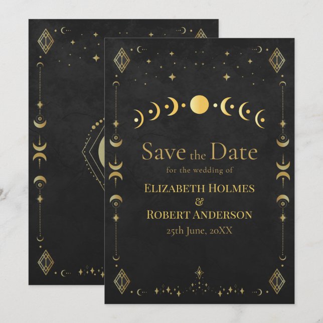 Reserve A Data Celestial Gothic Black and Gold Save the Date Card (Frente/Verso)