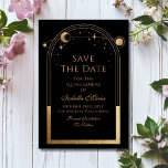Reserve A Data Celestial Preto Salve A Data Aniversário Quinceane<br><div class="desc">Célestial Black Save The Date Birthday Quinceanera Invitation apresenta um sol dourado,  lua e estrelas num fundo preto. Dentro é a sua Quinceanera personalizada para guardar as informações de data. Personalize editando o texto nas caixas de texto. Projetado por ©2024 Evco Studio www.zazzle.com/store/evcostudio</div>