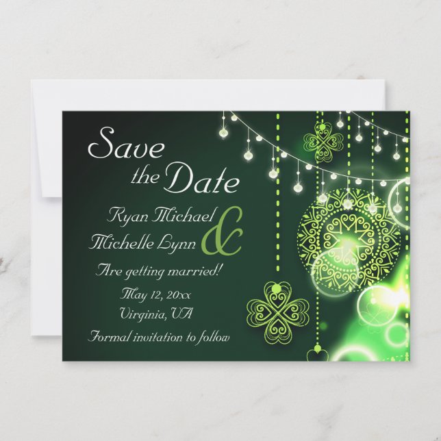Reserve A Data Celtic Clovers and String Lights Irish Weding (Frente)