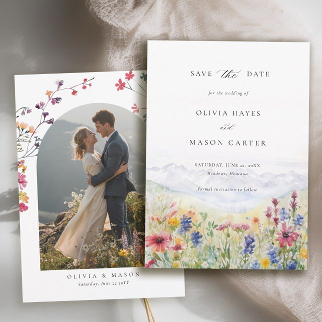 Reserve A Data Cena de Montanhas Prado Rústico Flores Silvestres  (mountains wedding save the date boho arch photo wildflowers meadow floral watercolor)