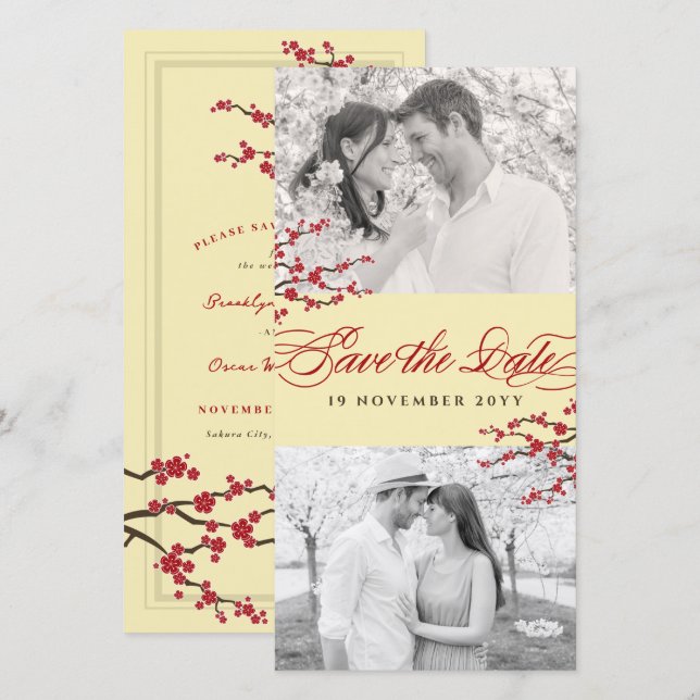 Reserve A Data Cerejeiras Vermelhas Flores de Sakura Zen Asiático (Frente/Verso)