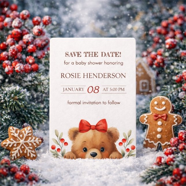 Reserve A Data Chá de Bebê do Ursinho e das Bagas de Rowan (Baby Bear And Rowan Berries Baby Shower Save The Date)