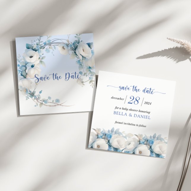 Reserve A Data Chá de fraldas Floral Azul Elegante (Elegant Dusty Blue Floral Baby Shower Save The Date)