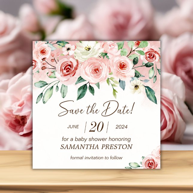 Reserve A Data Chá de fraldas Rosa Rosa Rosa-Rosa-Rosa-Rosa-Cria (Blush Pink Rose Watercolor Girl Baby Shower Save The Date)