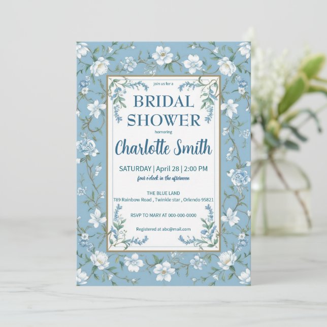 Reserve A Data chá de noiva antigo em Chinoiserie azul e branco (Em pé/Frente)