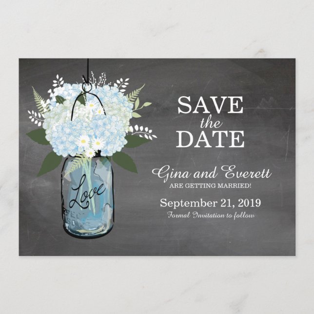 Reserve A Data Chalkboard Mason Jar Hydrangeas | SALVAR A DATA (Frente)