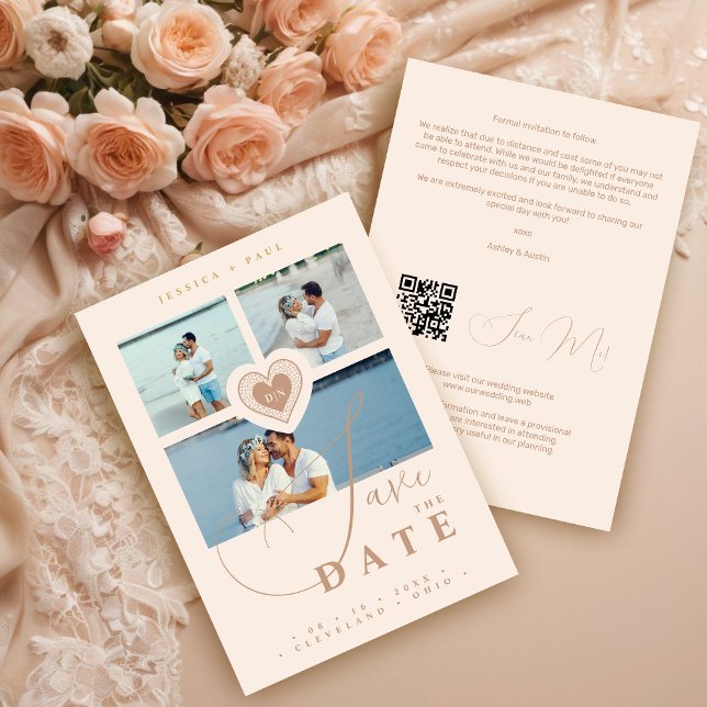 Reserve A Data Champagne 3 multifoto requintado do coração de lac (Exquisite Faux Lace Heart Champagne 3 Multi-Photo Collage Wedding Save the Date Card.)