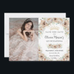 Reserve A Data Champagne Beige Cream Dourada Floral Quinceañera<br><div class="desc">Personalize esta bonito Quinceañera Floral de Champanhe / doce imagem de 16 anos, salve a data fácil e rapidamente. Basta clicar no botão Editar usando ferramentas de Design para editar o texto, alterar os estilos de fonte e as cores das fontes. Algumas imagens são móveis, redimensionáveis, multiplicáveis e removíveis. Apresentando...</div>
