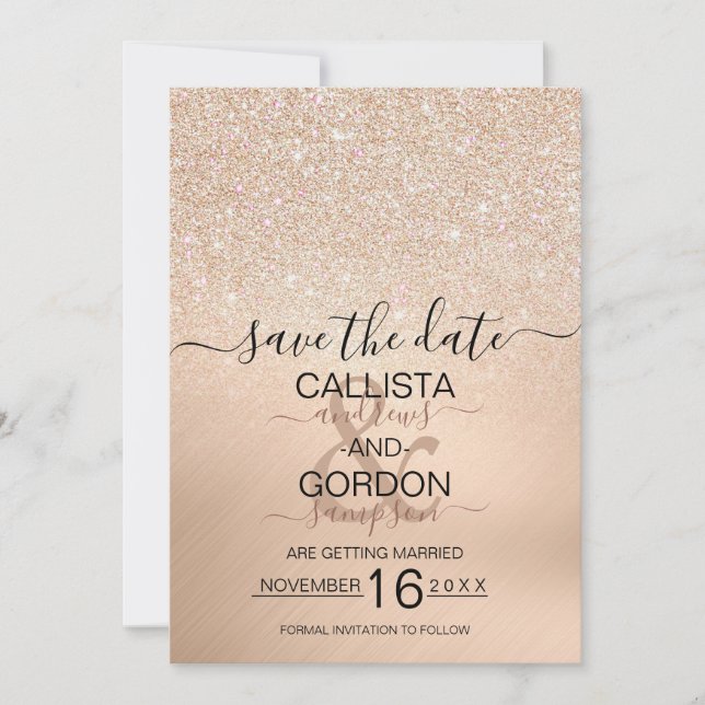 Reserve A Data Champagne Chic Dourado Glitter Metalizado Casament (Frente)