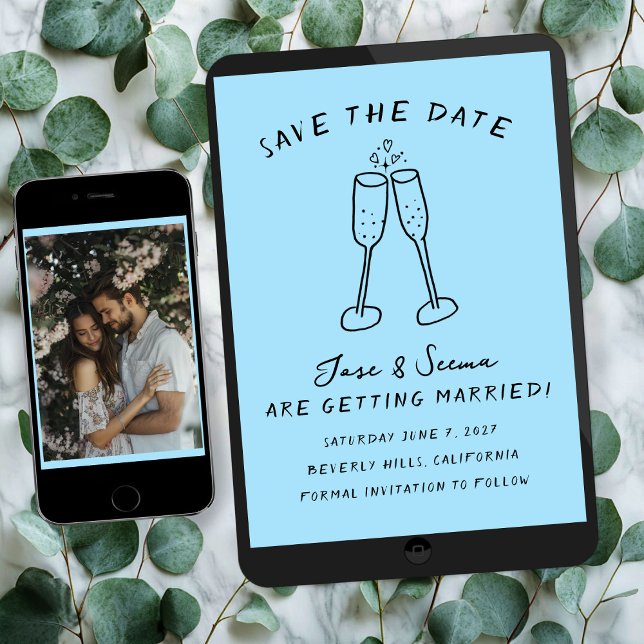 Reserve A Data Champanhe Anima Foto Personalizada Desenhada (Champagne Cheers Hand Drawn Custom PHOTO Save The Date Digital Download Email
)